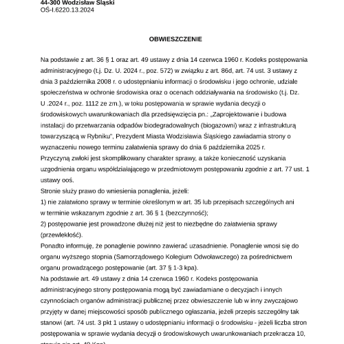 Zmiana terminu wydania decyzji środowiskowej.